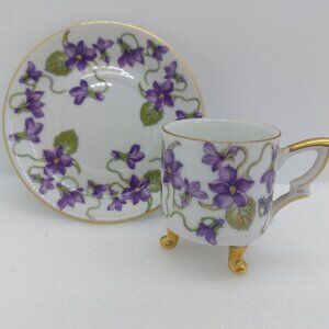 Mitterteich Bavaria Claw Footed Small Tea Cup & Saucer Violet Design